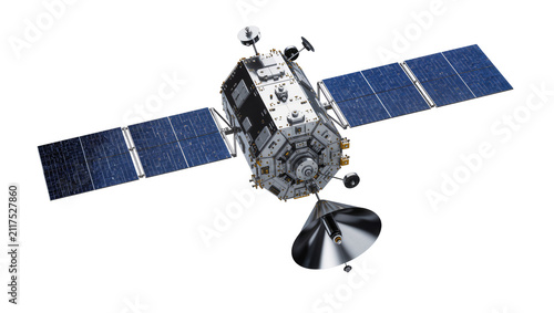 Foto Advanced space satellite with solar panels and parabolic antenna, isolated on tr
