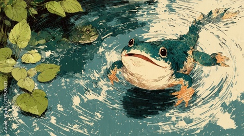 Frog swimming in pond water.