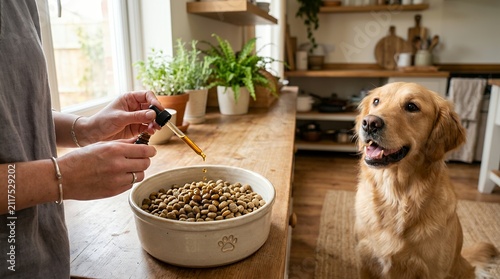 Owner adding salmon oil to dog food. Pet nutrition care with organic supplements in kitchen.