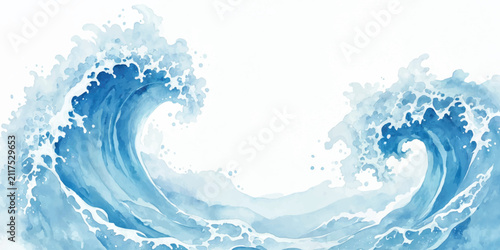 Watercolor Illustration of Crashing Blue Ocean Waves Background