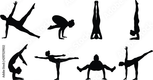 Konstfotografi Yoga Poses Silhouettes Vector Set of Woman Practicing Gymnastics Fitness and Adv