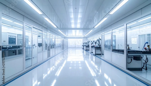 Modern Cleanroom Factory Hallway with Robotic Arms and Glass Enclosures