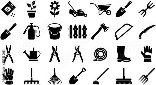 фотографія Set of gardening tools and equipment icons.