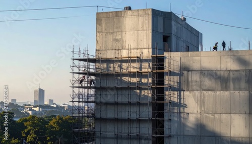 Modern concrete building under construction with scaffolding and workers, urban skyline in background