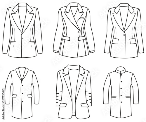 Blazer Jacket Outline Set, Formal Suit Coat Line Art Vector Collection, blazer jacket waistcoat and trousers for professional apparel design and tailoring.
