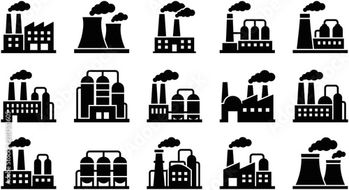 Collection of industrial factory and manufacturing plant icons.