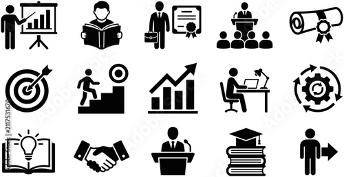 Set of black business and education icons vector.