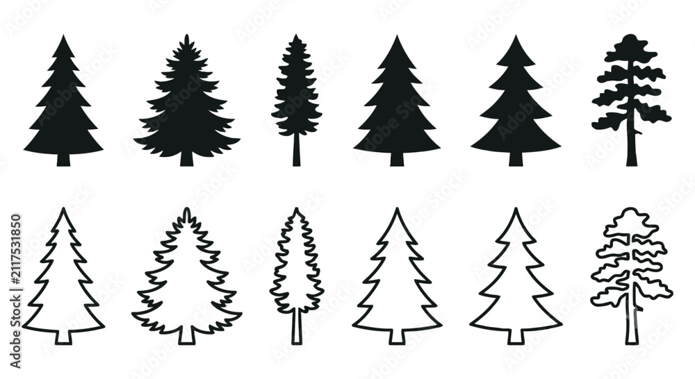 Obraz premium Fir Tree Silhouettes And Outlines On White Background