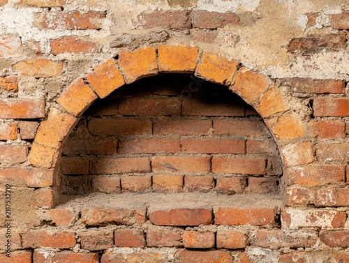 rustic brick wall featuring a small arched recess, showcasing a weathered and textured surface with aged bricks and mortar.