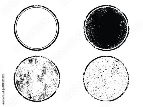 Four black grunge circular frames and shapes with distressed textures and splatters for design.