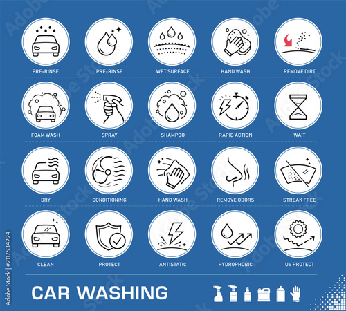 Car washing icon set for design, branding, presentation of car detailing products, services, process infographic. The outline vector icons for packaging label design. Scalable and editable. EPS10.