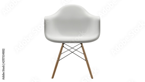White molded plastic armchair with wooden dowel legs, isolated on transparent background