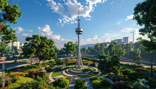 Modern Cityscape with Tall Tower and Lush Green Park on a Sunny Day