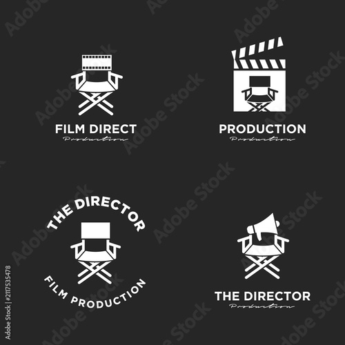 Set of Film Production and Director Logos Featuring a Director's Chair, Clapperboard, Film Strip, and Megaphone Icons on a Dark Background