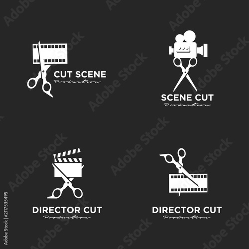 Film Production and Video Editing Logo Collection with Scissors, Camera, Film Strip, and Clapperboard Icons for Cut Scene, Scene Cut, and Director Cut Concepts