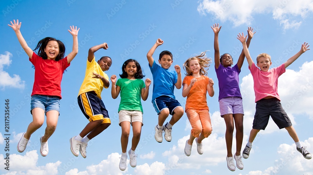 Obraz premium children jumping diversity friendship outdoors sky happiness freedom playful together Diverse school friends leap against a blue sky for active childhood joy recreation and inclusive youth campaigns