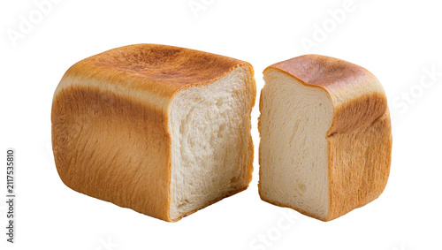 Golden brown loaf of bread sliced in half, isolated on transparent background
