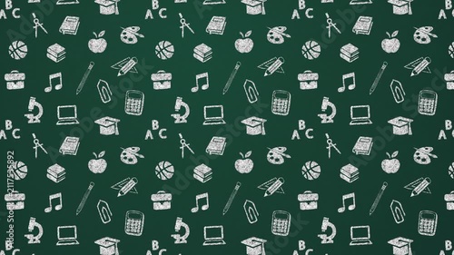 Back to School Green Chalkboard Doodle Pattern Background Loop