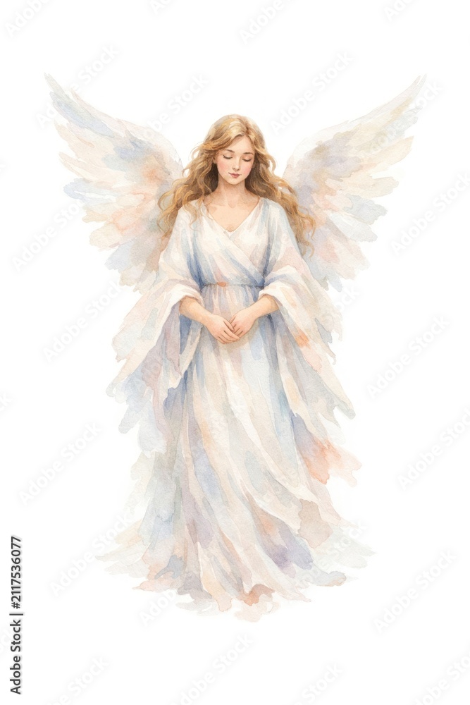 Fototapeta premium Watercolor angel with flowing robes and wings, serene and ethereal.