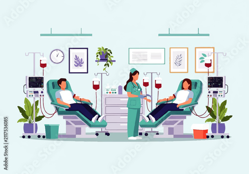 Vector flat design illustration of a modern blood donation center with nurses assisting patients in comfortable chairs