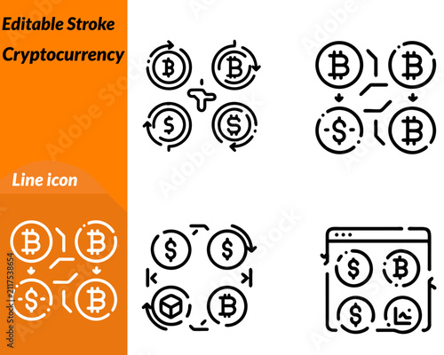 A modern vector icon representing cryptocurrency digital assets and blockchain technology. The design features a digital coin with a crypto symbol combined with blockchain nodes a wallet secure lock.