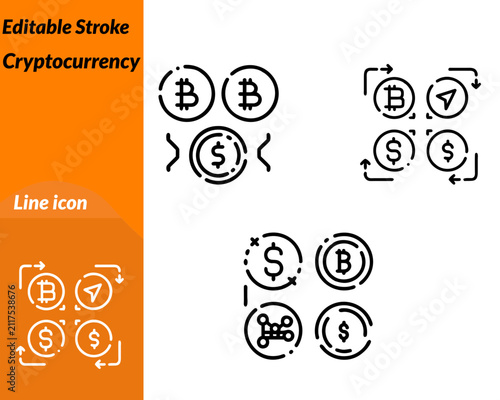 A sleek vector icon representing cryptocurrency blockchain digital currency. The design features a digital coin blockchain links secure wallet exchange arrows network nodes symbolizing decentralized.