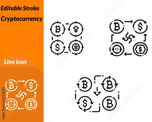 A sleek vector icon representing cryptocurrency blockchain digital currency. The design features a digital coin blockchain links secure wallet exchange arrows network nodes symbolizing decentralized.