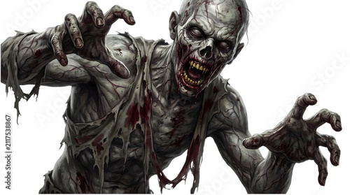 A terrifying aggressive undead zombie reaching out isolated on transparent background