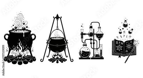 Quadro su tela Witchcraft alchemy icons set, mystical cauldron with boiling potion on fire, mag