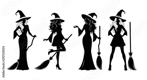 Foto Witch silhouette collection with broomsticks, elegant halloween sorceress charac