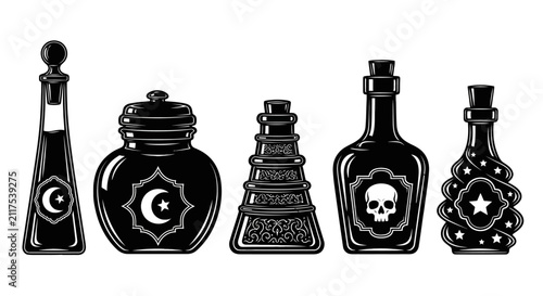 Fotografía Vintage magic potion bottles vector set, mystical apothecary glass jars with moo