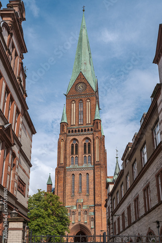 View of the bell tower of the Protestant St. Mary's Cathedral in Schwerin