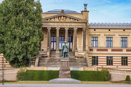 View of the entrance to the State Museum of Schwerin with the monument to Grand Duke Paul Friedrich in front.