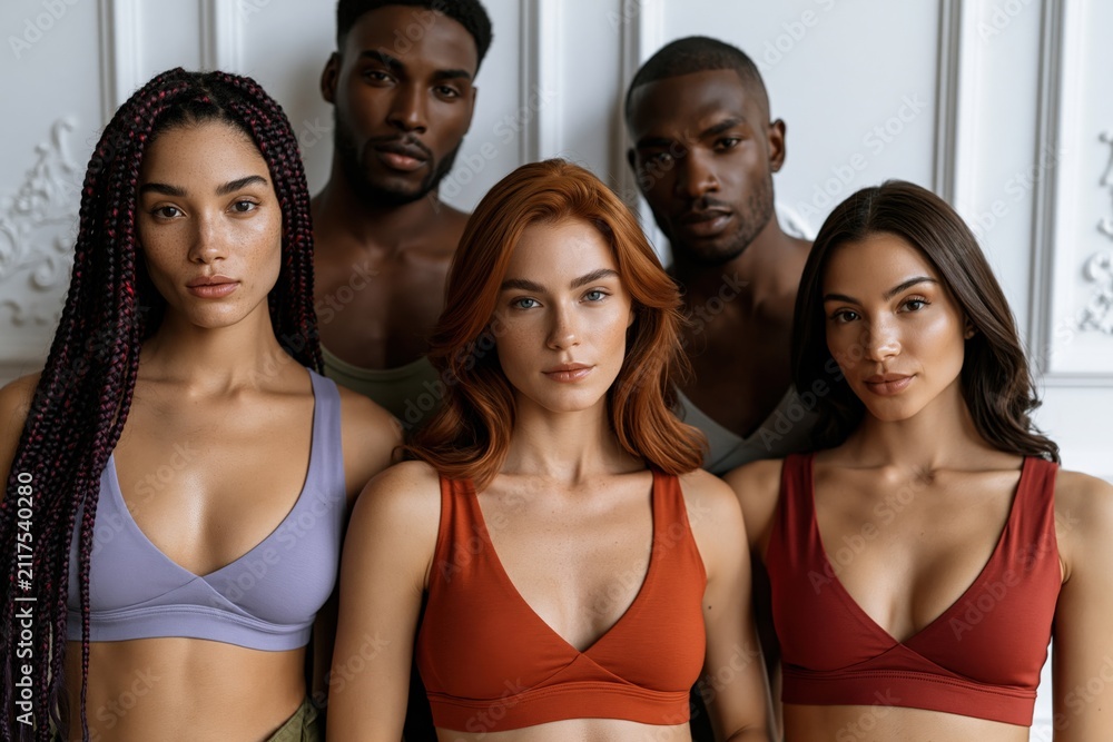 Fototapeta premium Diverse closeup portrait of confident young adults in minimal tops for fashion background and lifestyle banner for editorial and wellness design
