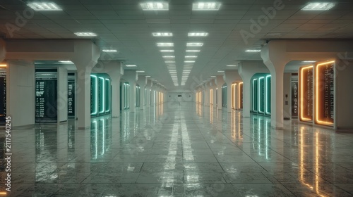 Long futuristic corridor with neon lights.