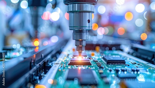 Automated Robotic Arm Precision Soldering on a Motherboard Circuit Board in a Modern Factory Setting