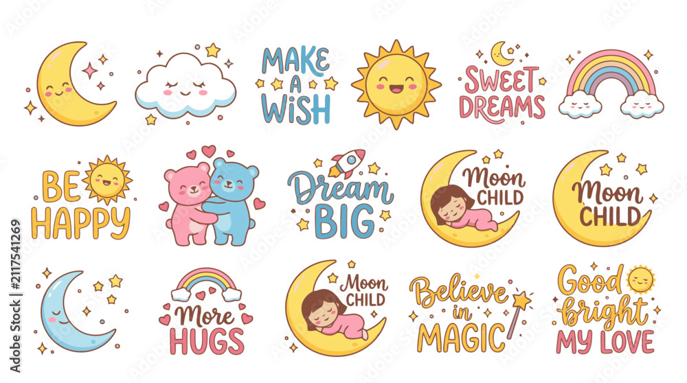 Fototapeta premium Cute hand drawn sticker set with moon sun and rainbow for kids nursery decor