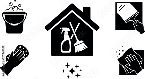 House cleaning service icon set featuring bucket spray bottle broom squeegee sponge and wiping rag vector illustration