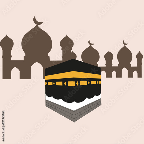 Foto Holy Kaaba in Mecca Vector Illustration with Mosque Silhouette Background