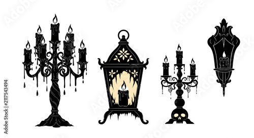 Foto Gothic black candelabra and vintage lantern vector set, spooky halloween candle