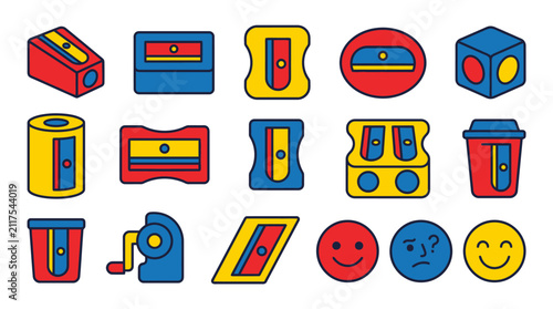Back To School teacher day Colorful pencil sharpener icon set, 15 school stationery vector elements, primary red blue yellow office supplies, creative education graphics isolated on White