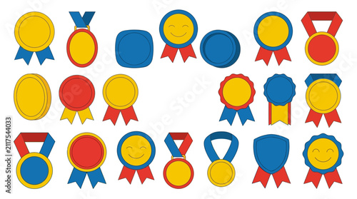 Back To School teacher day Colorful award medals and ribbon badges set, 20 flat vector icons for achievement and success, gold and red trophy emblems for gaming and education isolated on White