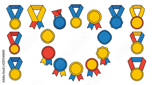 Back To School teacher day Colorful medal icon set with ribbons, 16 reward and trophy vector elements, gold and silver achievement badges for sports and education isolated on White Background