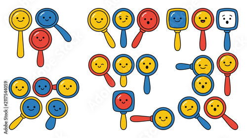 Back To School teacher day Kawaii magnifying glass characters with cute faces, cartoon search icons set in primary colors, playful investigation and discovery vector elements isolated on White