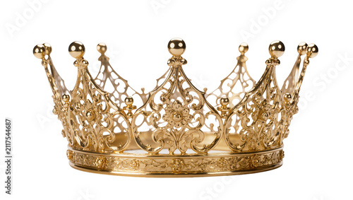 Ornate golden royal crown with intricate filigree details, isolated on transparent background