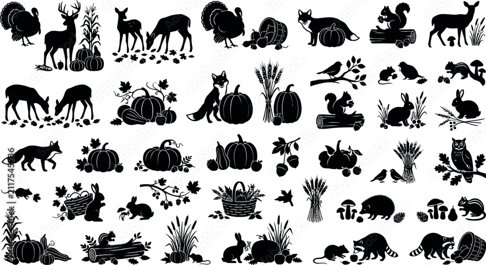 Obraz premium Autumn animals harvest nature elements silhouette vector icons set