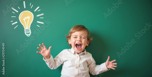 happy child screams with joy against the background of a painted light bulb on a chalkboard, concept ideas, problem solving