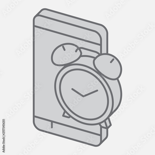Alarm clock app isometric icon, mobile wake up concept. Vector graphics. Smartphone clock, app sign with outline style icon for mobile or web design.