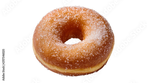 Golden brown ring donut covered in sparkling sugar crystals, isolated on transparent background