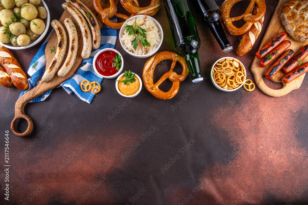 Obraz premium Oktoberfest picnic and barbecue food, Oktoberfest bavarian party menu